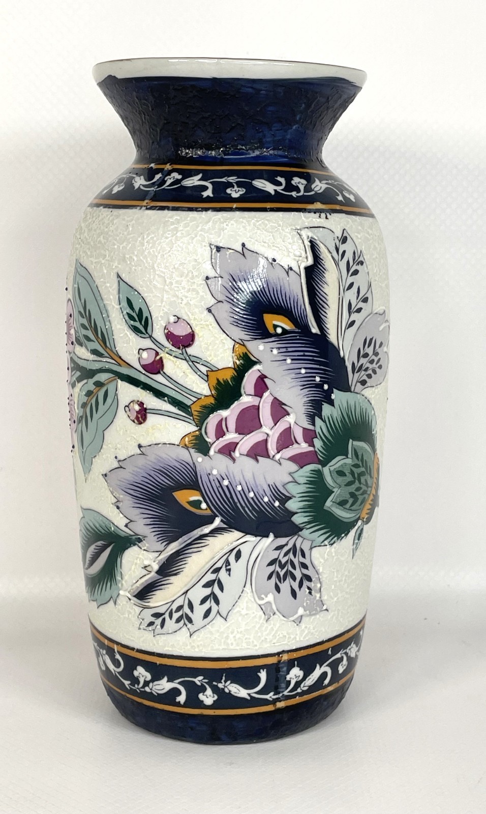 8″ Japanese Moriage Style Vase Raised Enamel Hand Painted Floral Textured Potter