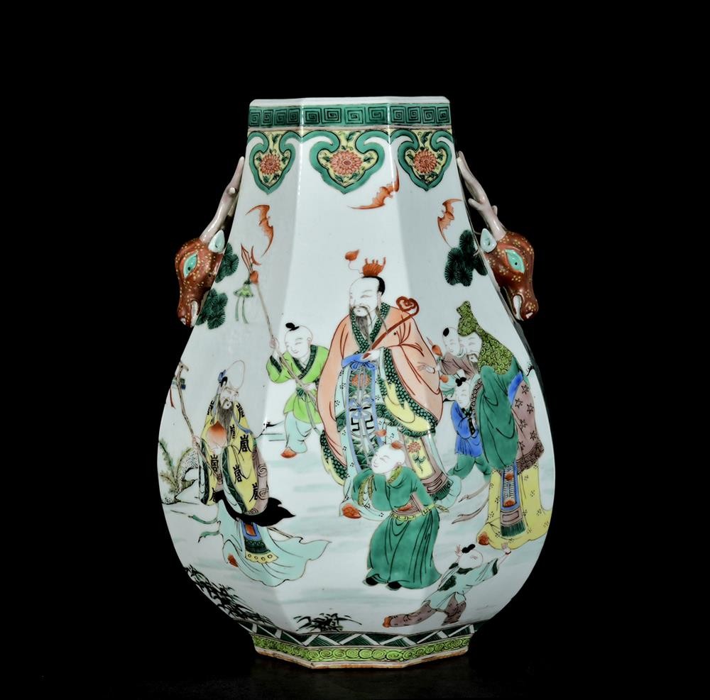 35CM Kangxi Signed Old Chinese Wucai Porcelain Deer Zun Vase w/figure U1274