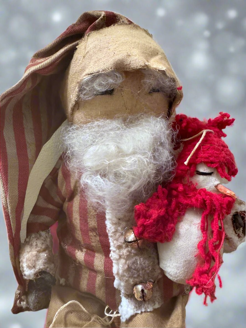 Primitive Handcrafted USA Red Striped Santa Claus Doll w/ Snowman Doll 12″