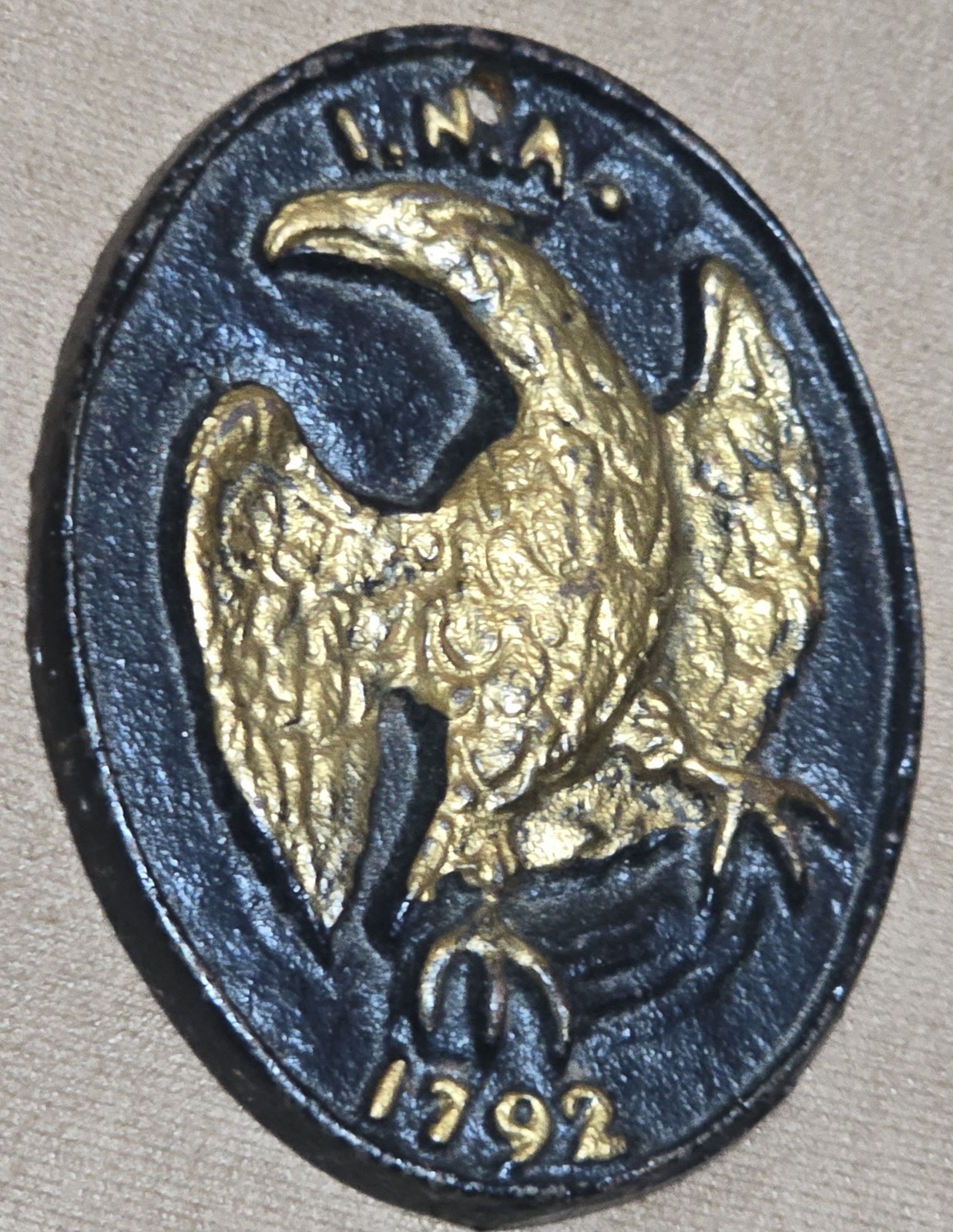 3⅛” Antique Vintage Fireman’s INA Eagle Insurance Cast Iron Oval Plaque / Marker