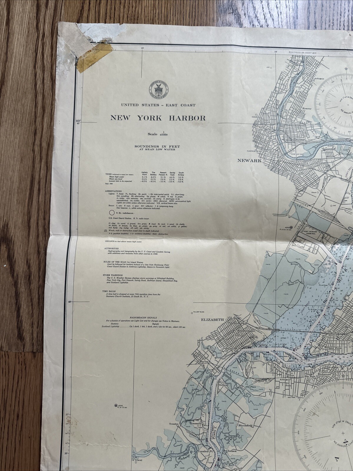 Vintage 46×36 Map NEW YORK HARBOR, Staten Island US Coast Geodetic Survey 1944