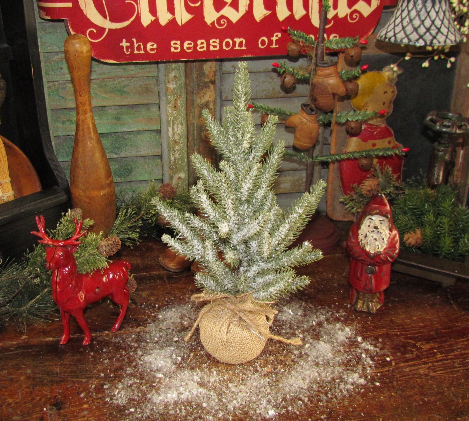 Primitive Mini Artificial Spruce Pine 12″ Snow Flocked Table Top Christmas Tree