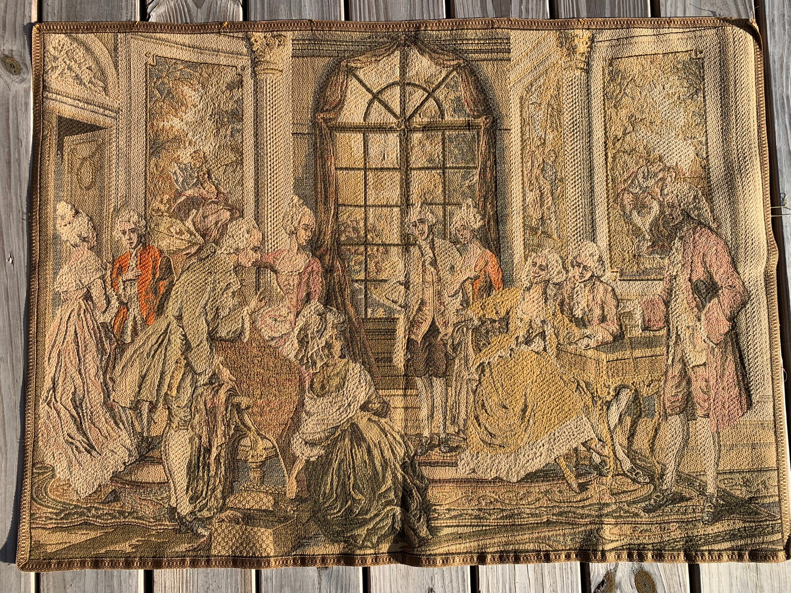 Louis XVI Style Tapestry 20th C Vintage Machine Woven Parlor Scene 29×40″