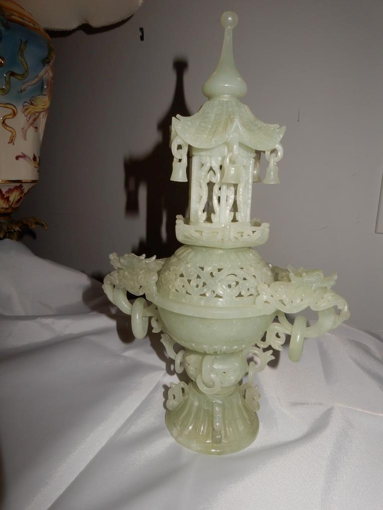 Antique Chinese Jade censer celadon green 12.5 inches tall dragons & intricate
