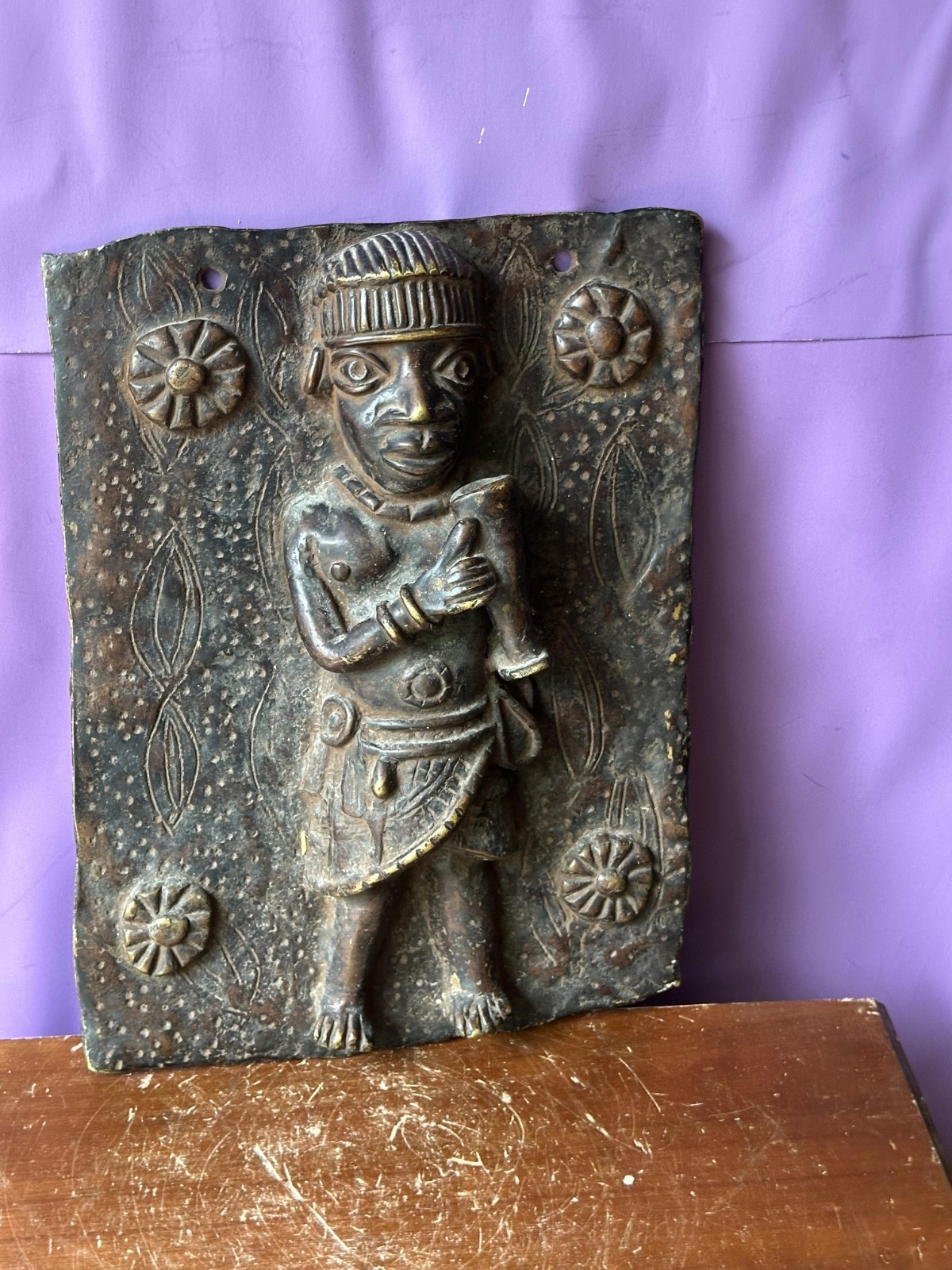 Vintage 14″ Benin Bronze Plaque | Royal Court Figure | Nigerian African Wall Art