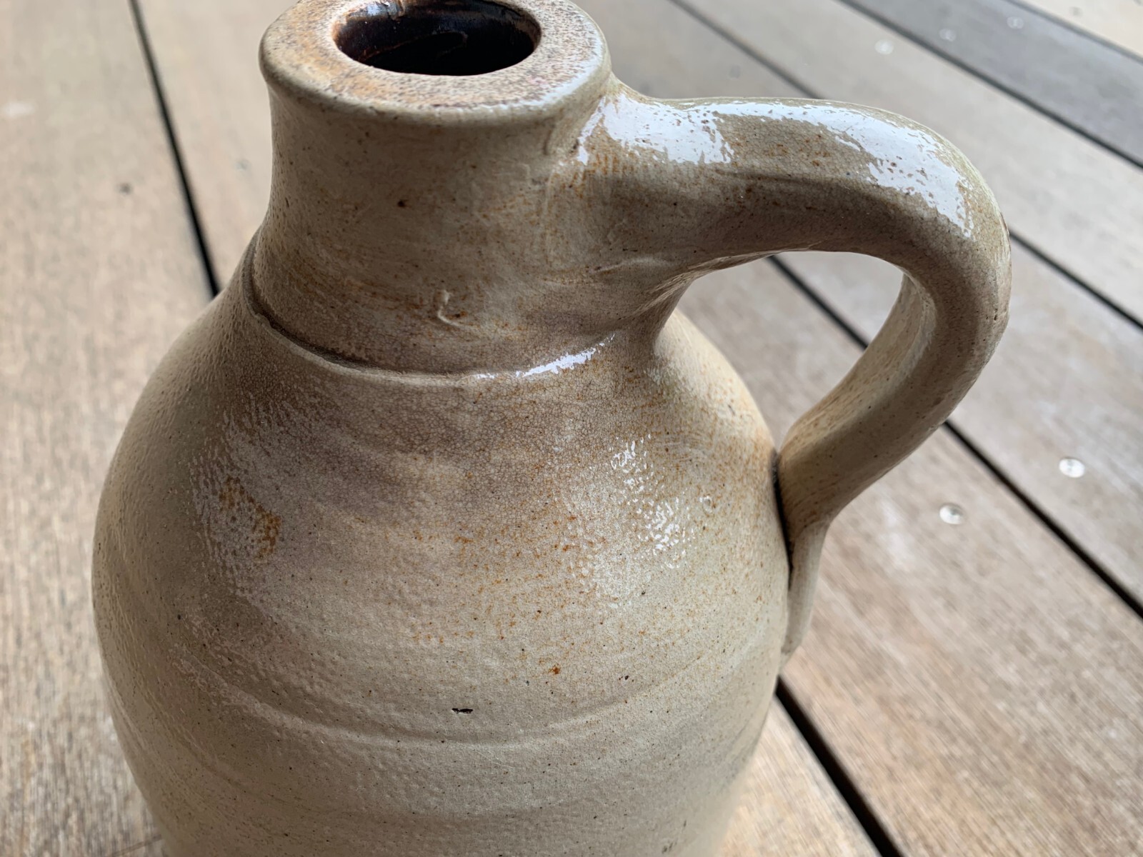 Antique Primitive Salt Glazed Stoneware Jug Farmhouse Taupe Beige Gray 9.25″