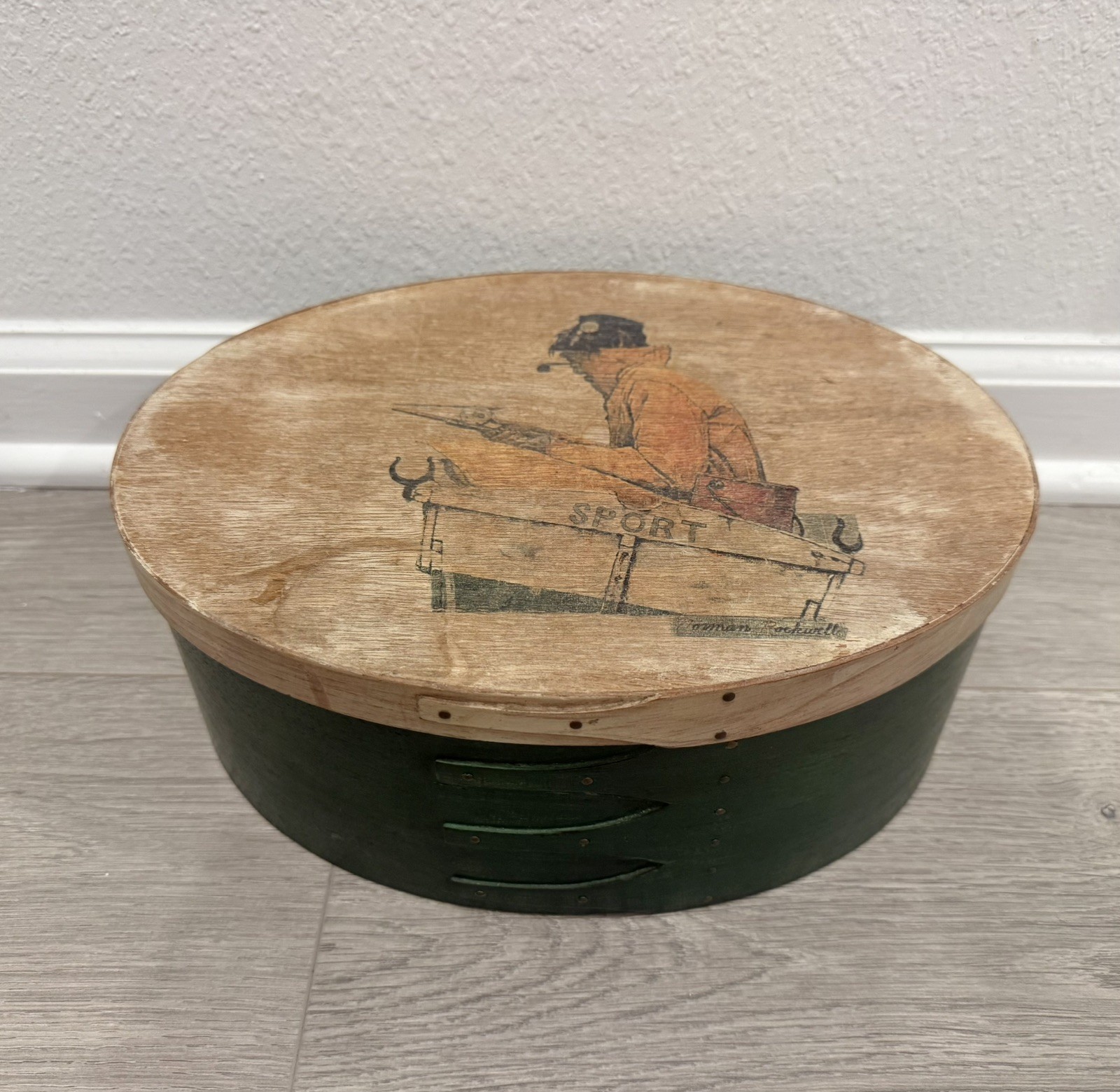 PALECEK Norman Rockwell antique oval pantry box fishing Saturday Evening Post