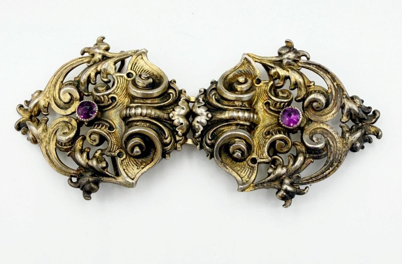 Antique Art Nouveau Gilded Sterling Silver KERR Garnet 2 Pc Buckle #322