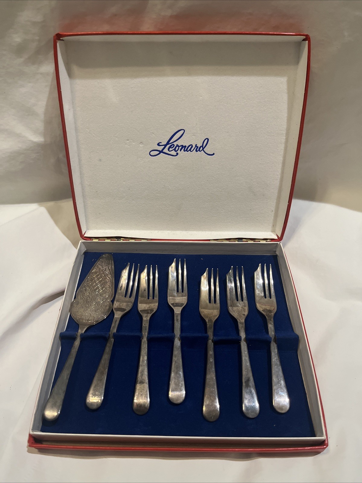 Vintage Leonard Box Set Dessert Forks Pie Server Silver Plated Sheffield England