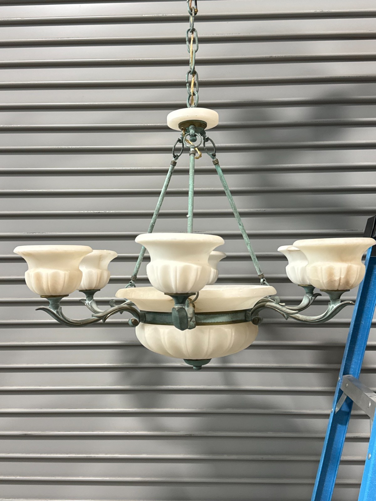 Art Deco Brass Copper Green Patina Alabaster Chandelier
