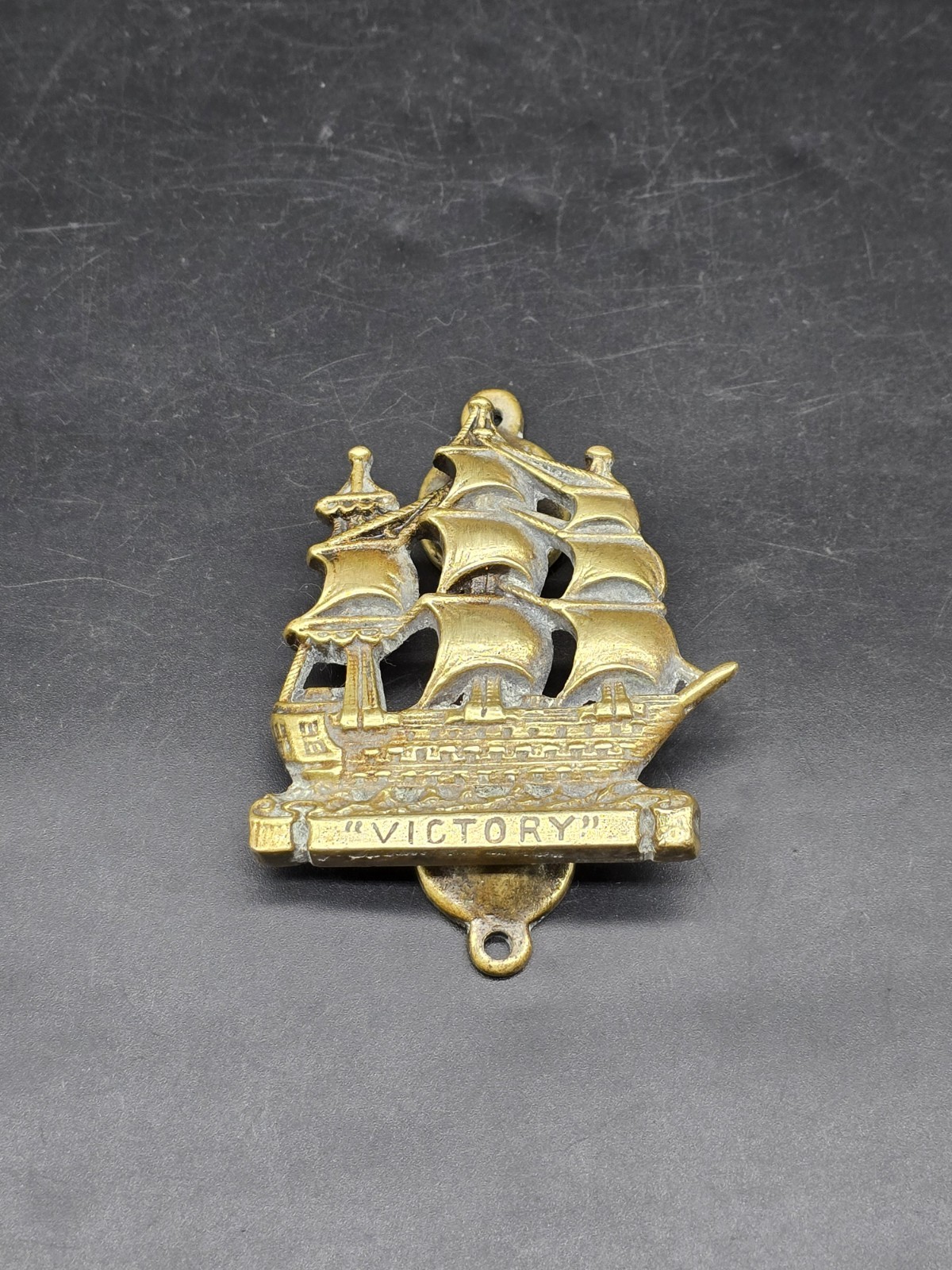 Antique Solid Brass HMS Victory Ship Nautical Decor Door Knocker C1910s 6×8.5cm