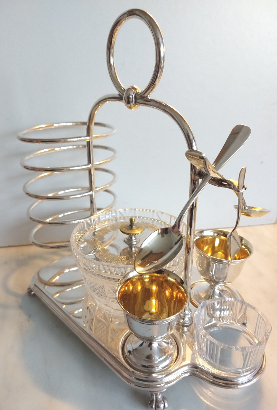 Fab Antique Egg Breakfast Set Sheff Silver Plate Crystal 20s Complete