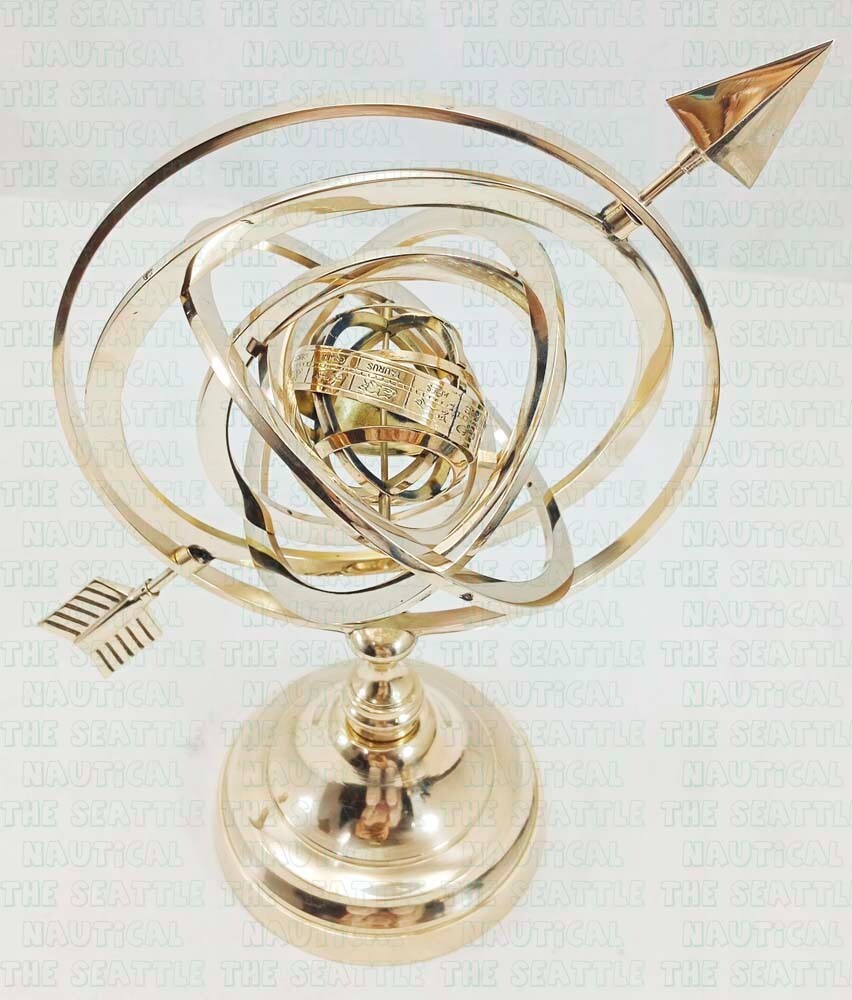 Nautical Engraved Zodiac Sign Astrolabe Globe Brass Armillary Sphere with Arrow