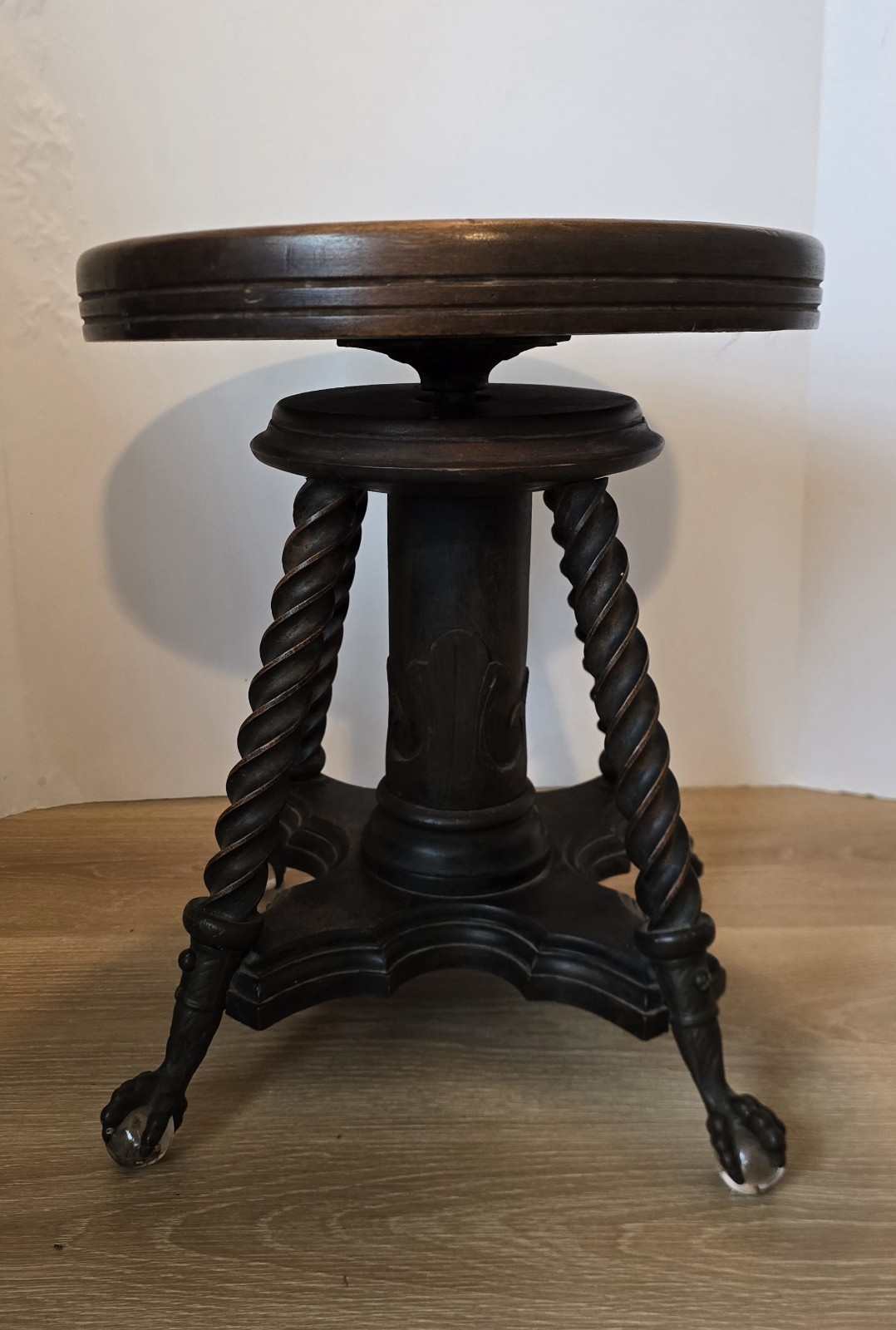DWN•Vintage Antique TONK Wood Piano Stool Adjustable Height Claw Glass Feet