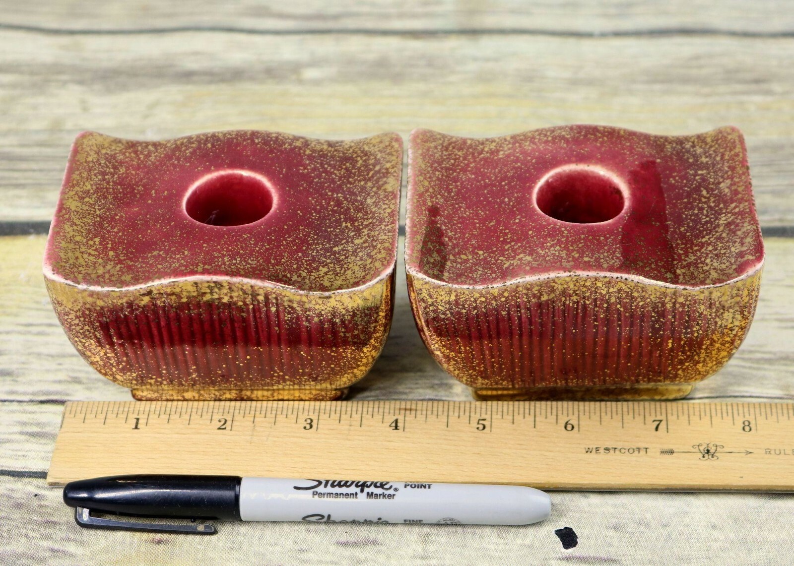Art Deco Candle Holders Candlestick Mauve Gold Speckled Ceramic Vintage