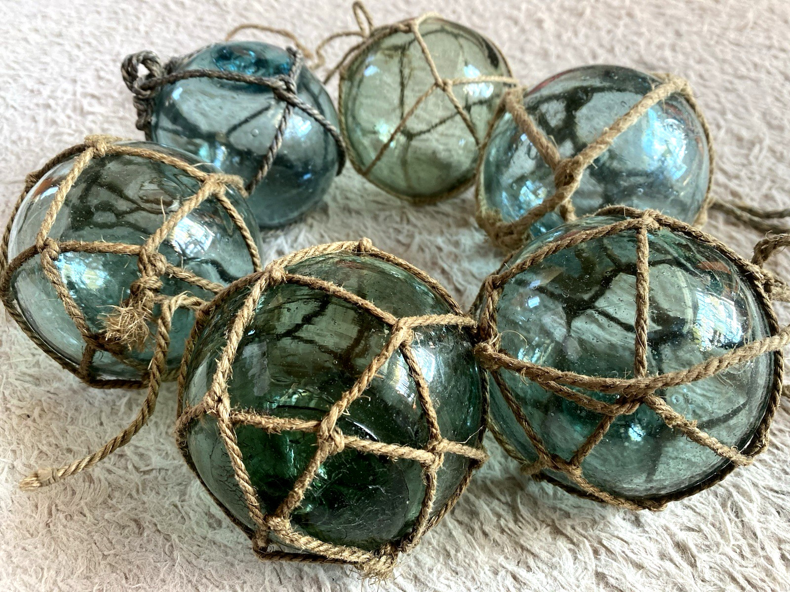 Set of 6 Vintage Japanese Glass Fishing Floats 9cm Hand-Blown Aqua Green w/ Nets