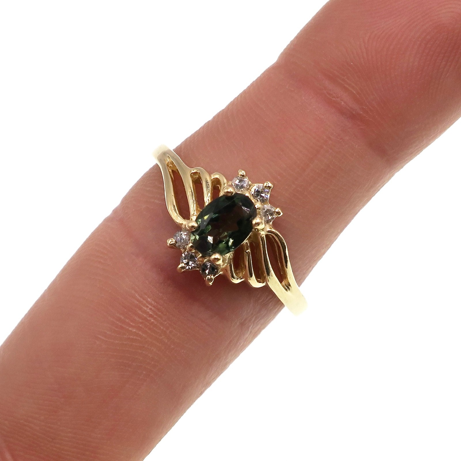 14K Yellow Gold Oval Green Tourmaline w/ Diamond Halo Fashion Ring Size 8.75