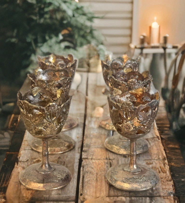 Antique Silver Plated Set Of 6 Caged Shot Cordial Glasses No Glass Inserts