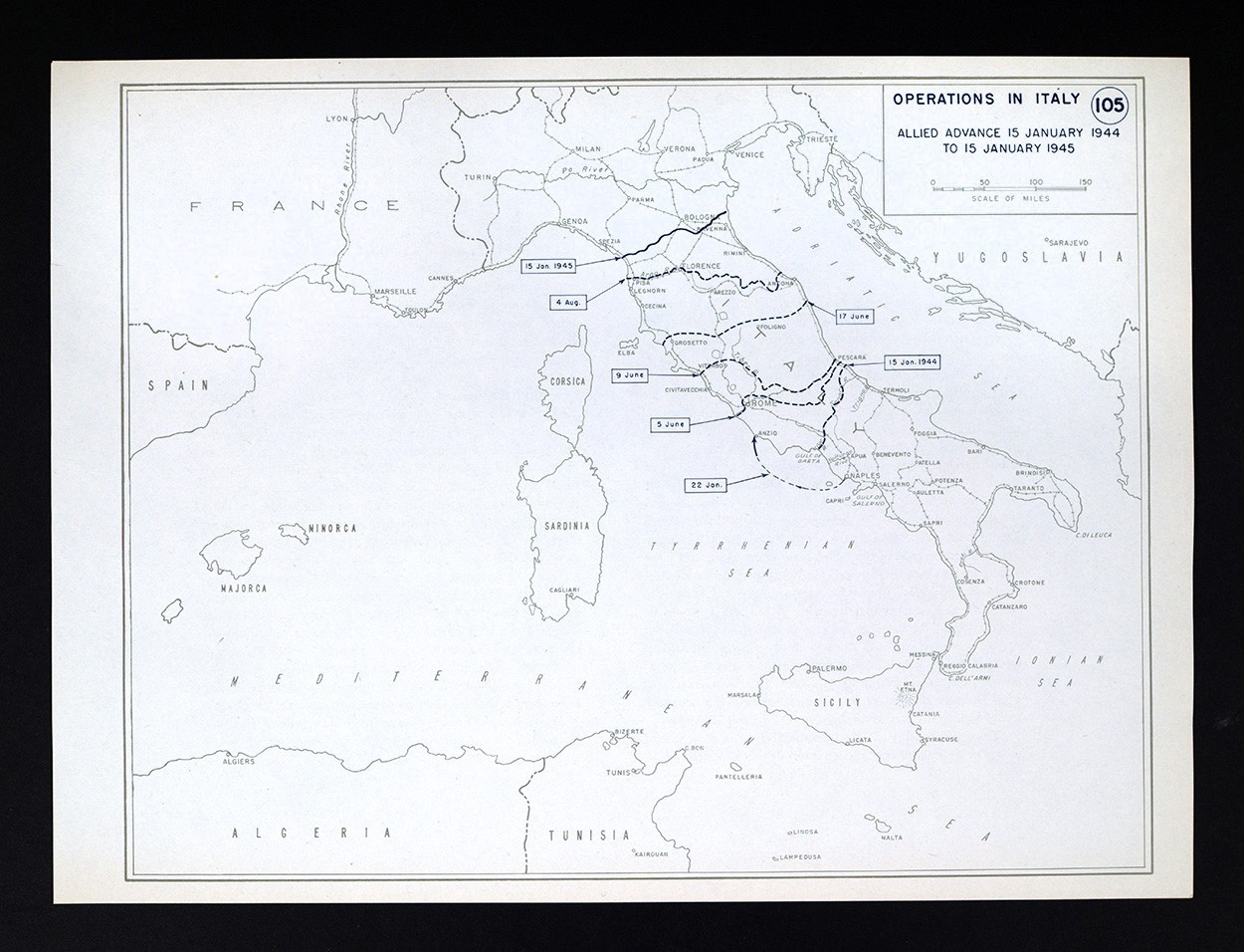 WWII Map 105 Italy Campaign Allied Advanced Naples Rome Florence Bologna 1944