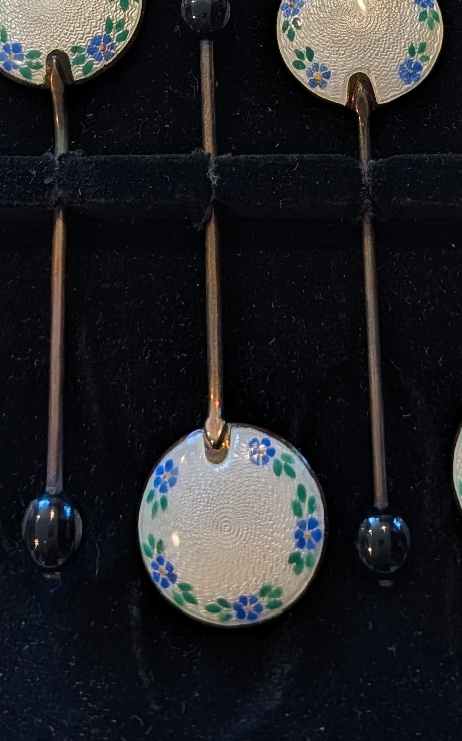 Sterling Demitasse Spoon Set with Guilloche Enamel Bowls. Set of 6
