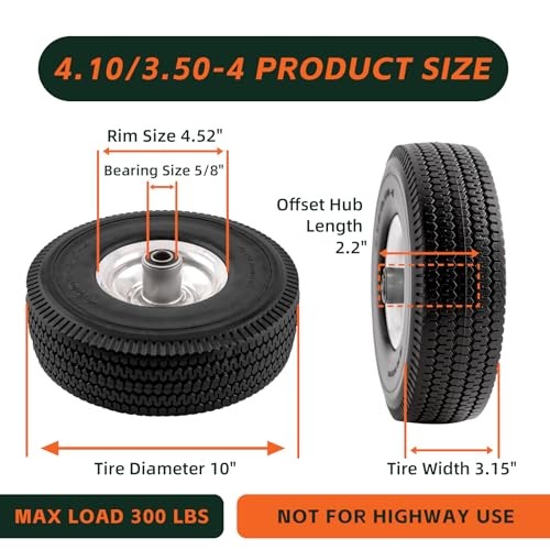 RRQ 10 Inch Solid Polyurethane Tire 4.10/3.50-4 Tire, 10″ Flat Free Wheels