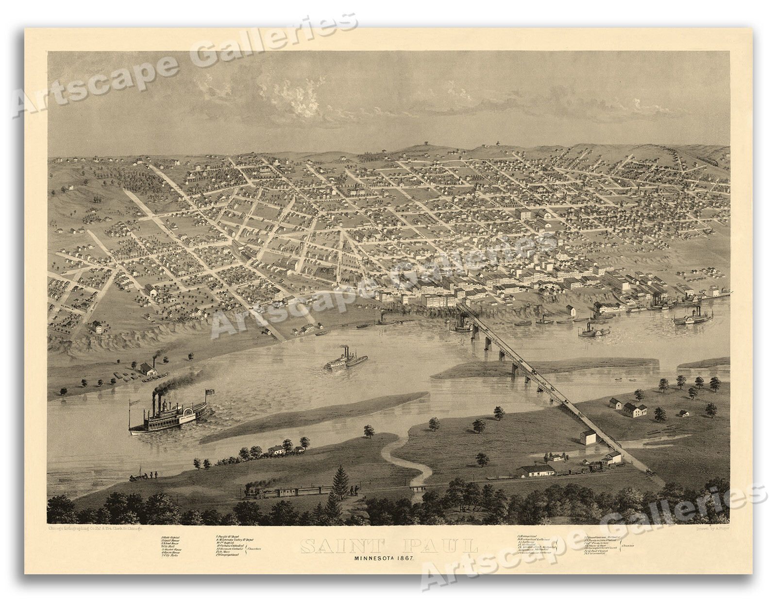 Bird’s Eye View 1867 Saint Paul Minnesota Vintage Style City Map – 18×24