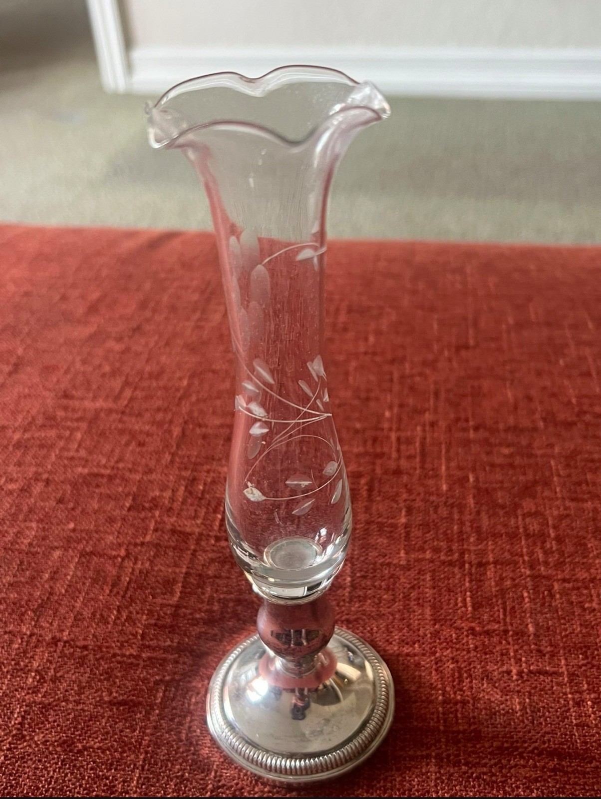 Vintage Fisher Sterling Silver 1197 Glass “Floral” Etched Bud Vase