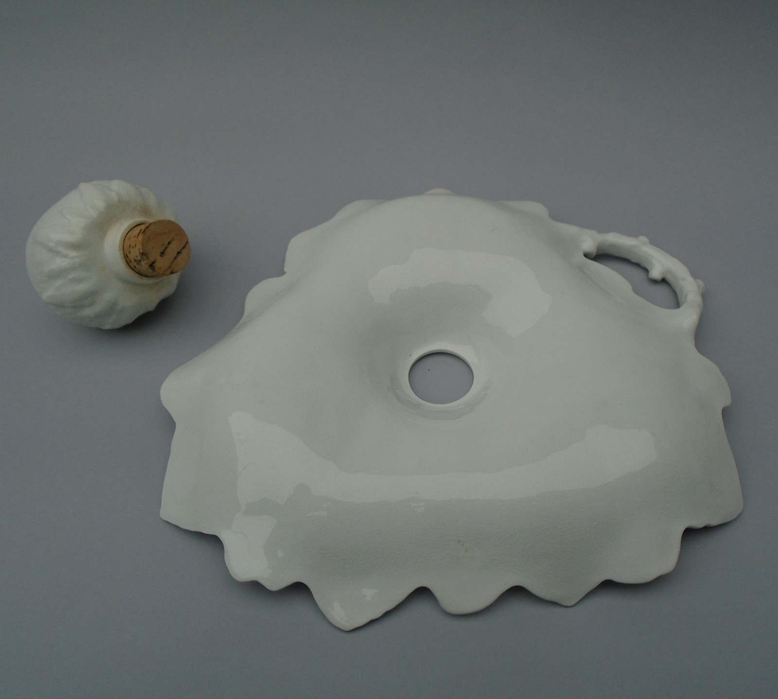 Ivory white glazed earthenware strawberry dish leaf form with sugar berry caster