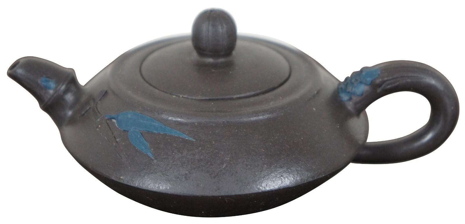 20th Cent. Vintage Chinese Yixing Zisha Small Brown Clay Teapot Bamboo Chinese