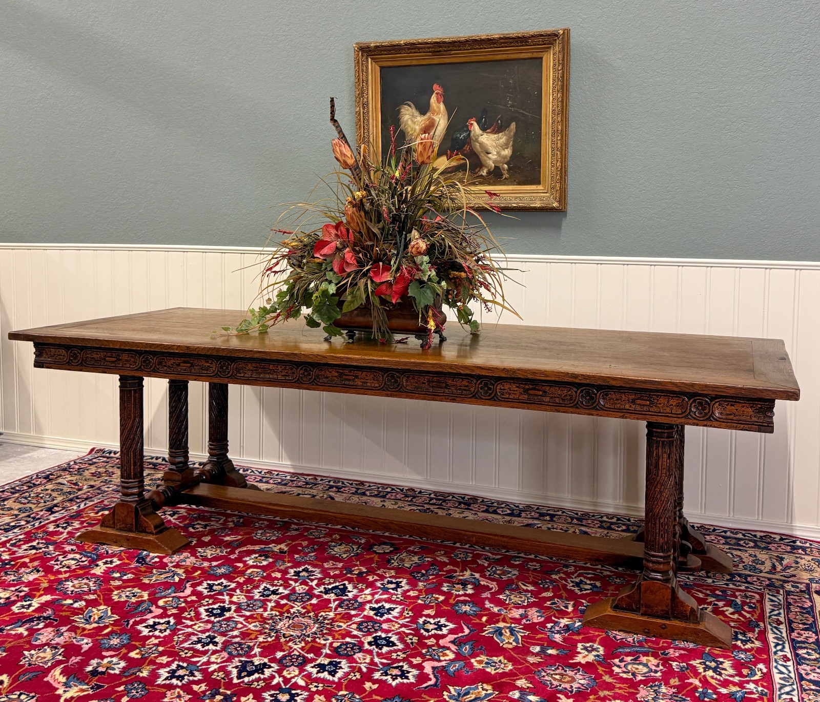 Antique French Renaissance Revival Farmhouse Dining Table Baluster Oak c.1900