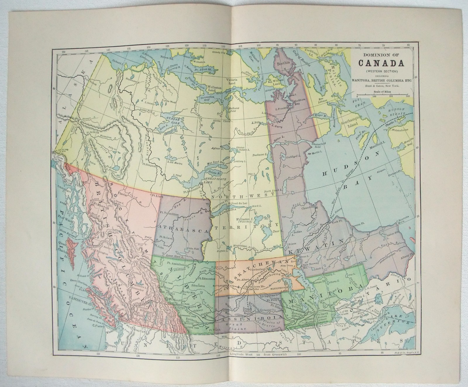 Western Canada – Original 1891 Map by Hunt & Eaton. Antique