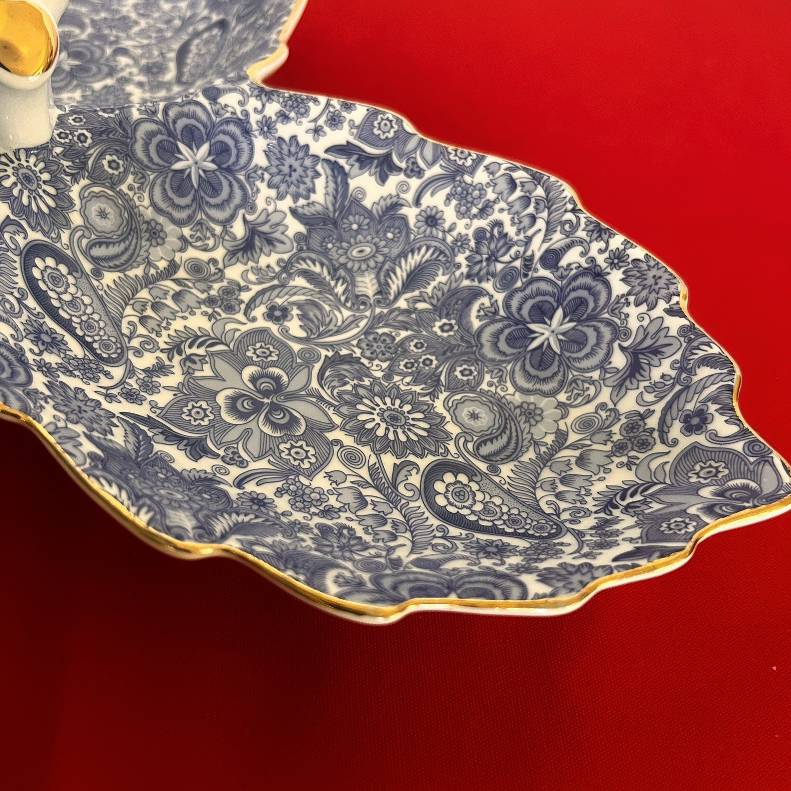 Antique Reflections by J Godinger & Co divided dish Blue Floral W/ Gold Trim 12”
