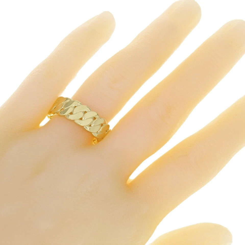 100% Solid 14K Yellow Gold Plated Miami Cuban Ring Curb Link Band Ring 925Silver