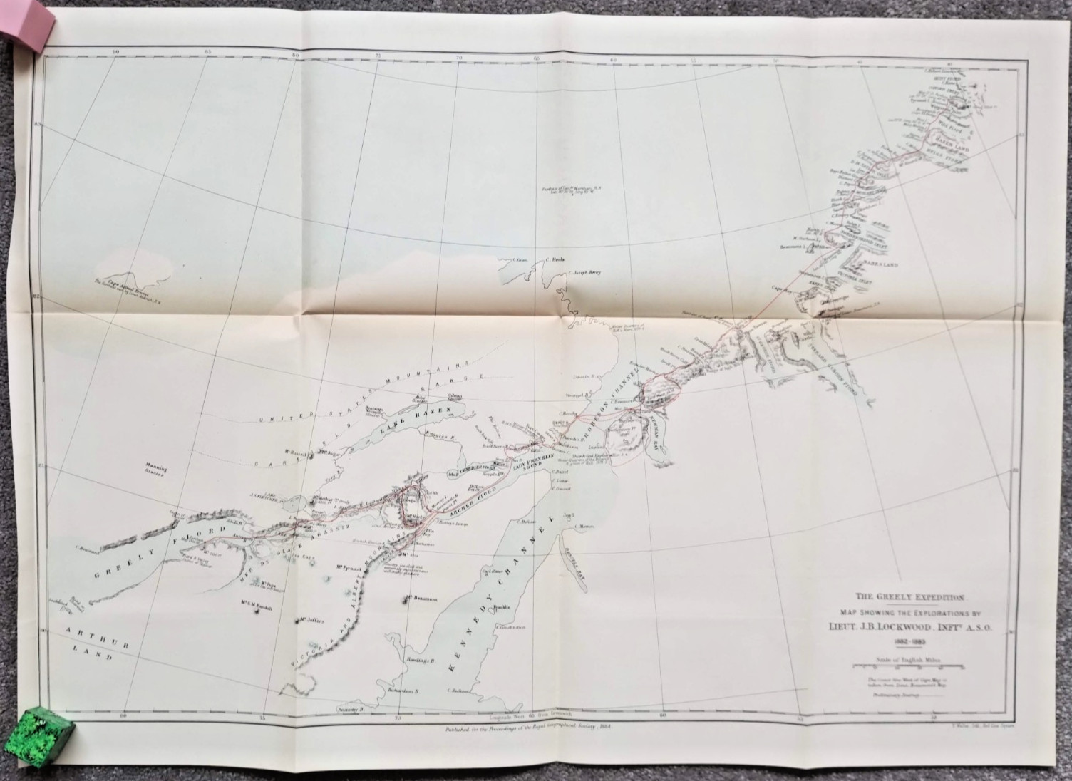 1884 Original Antique Map Showing Explorations by Lockwood around Nunavut Canada