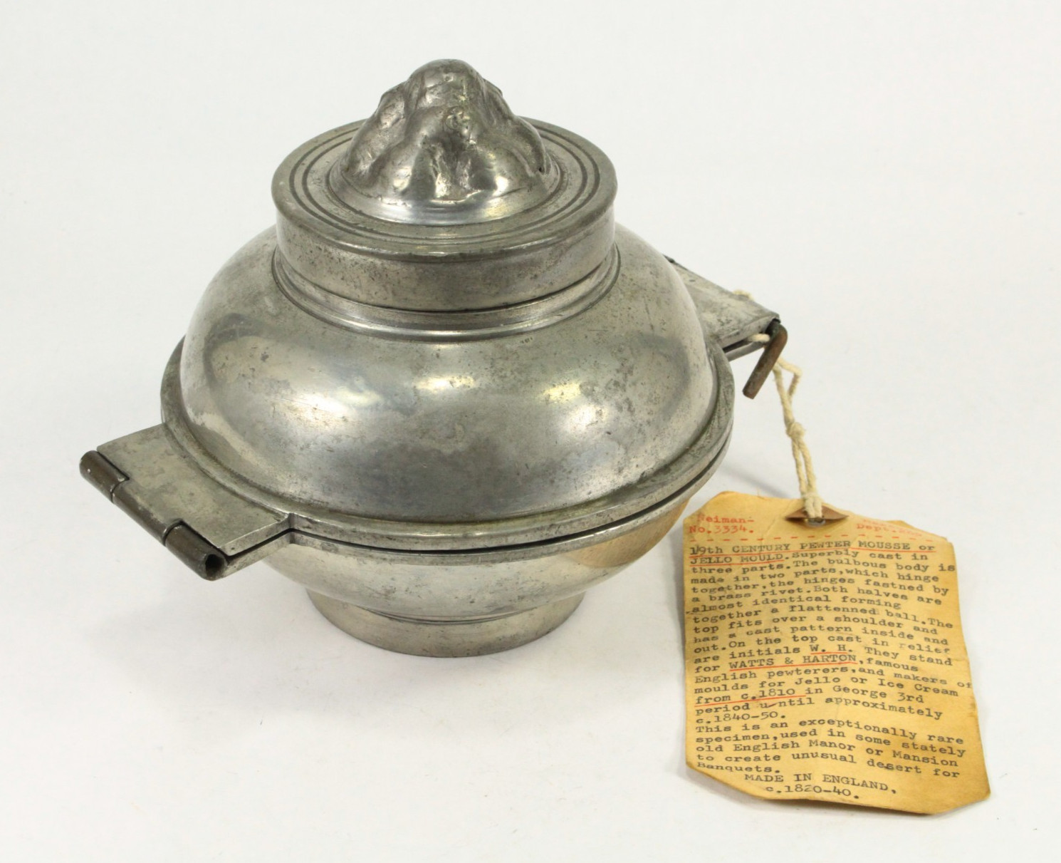 = C. 1820-40 Georgian Pewter Jelly or Ice Cream Mold W & H, England w Provenance