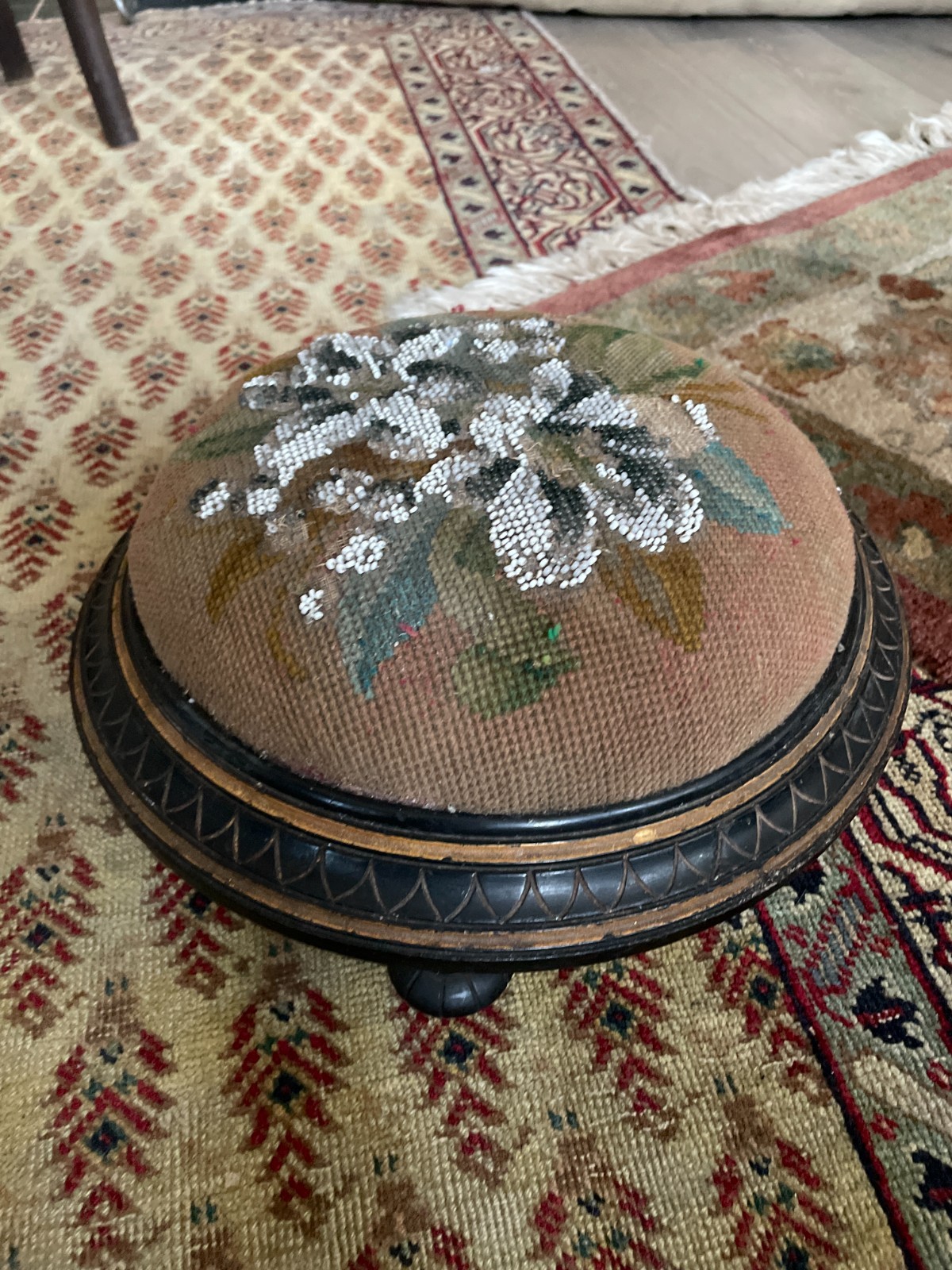 Antique Vintage Victorian Beadwork Needlepoint Tapestry Ebonised Wood Footstool
