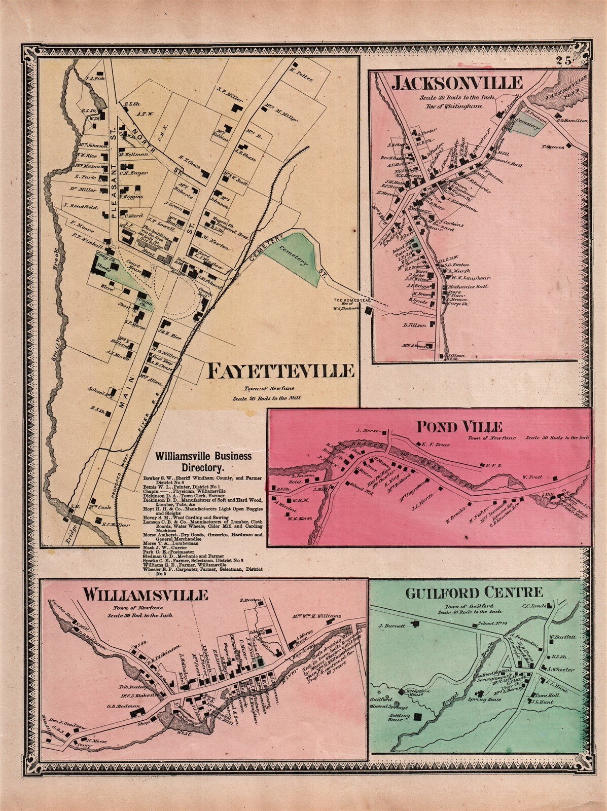 1869 Original Antique Hand-Colored F W Beers Map FAYETTEVILLE, JACKSONVILLE VT