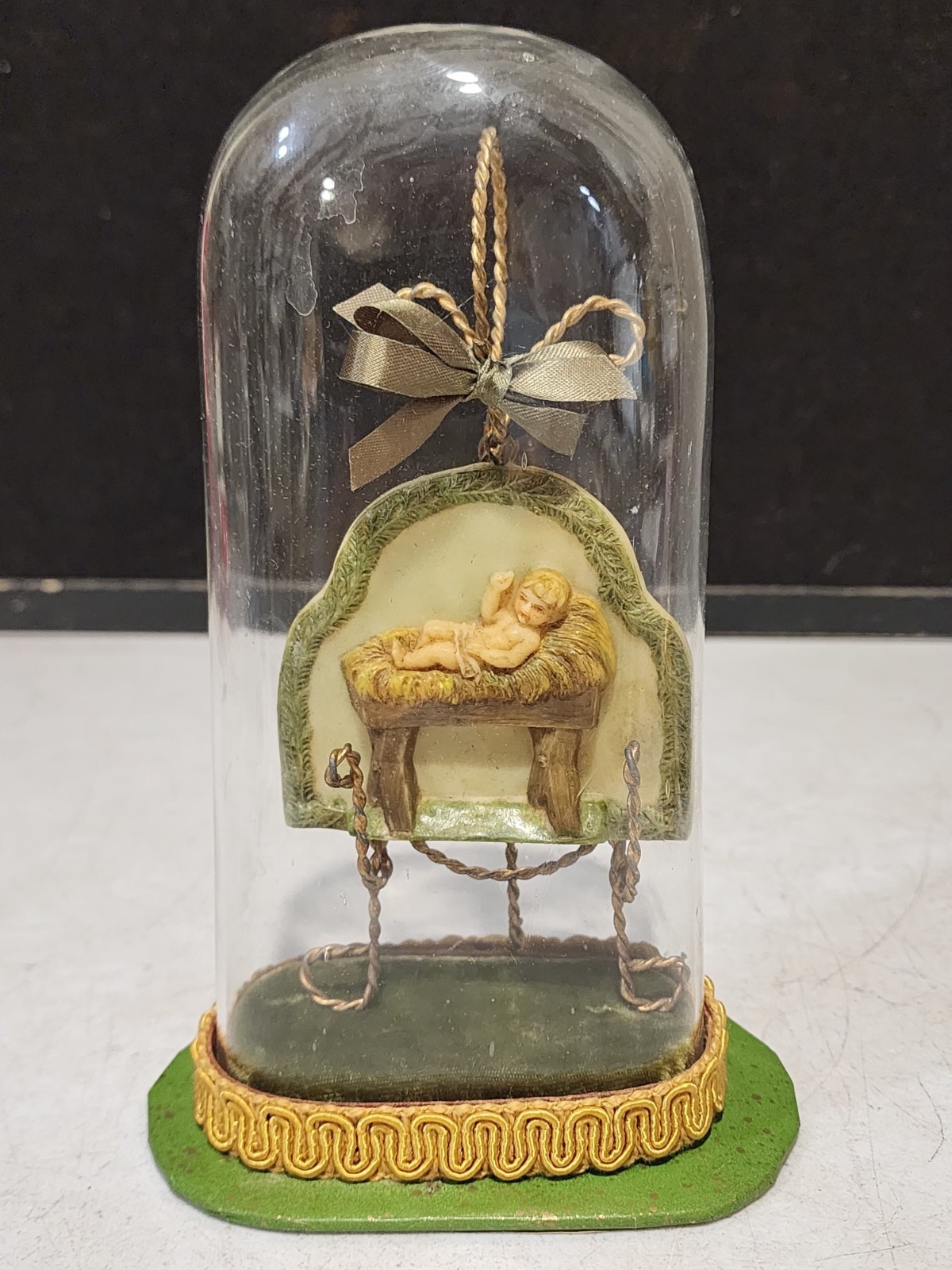 Antique 8” Victorian Wax Flower Dome Display Glass Cloche Wax Jesus Ornament