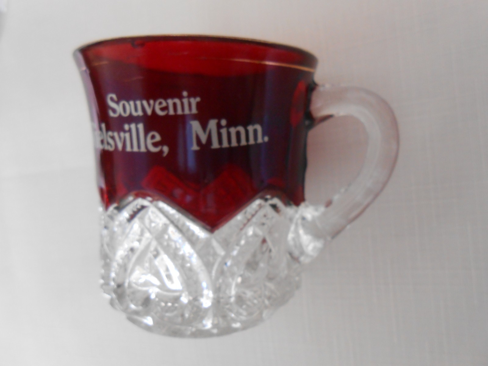 3 Antique Ruby Red Flash Souvenir GOBLET, PITCHER 1907, MUG.