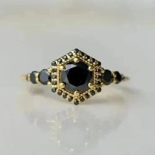 2Ct Round Cut Lab Created Black Diamond Engagement Ring 14K Yellow Gold Plated