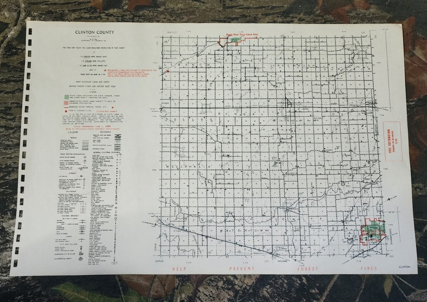 Vtg 1955 Clinton County Michigan Dept Conservation Plat Maps 11″X17″
