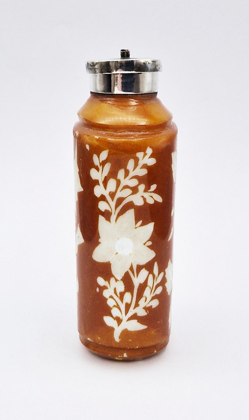 VICTORIAN SOLID SILVER MOUNTED AMBER ETCHED GLASS SCENT BOTTLE – BRITISH EMBLEMS