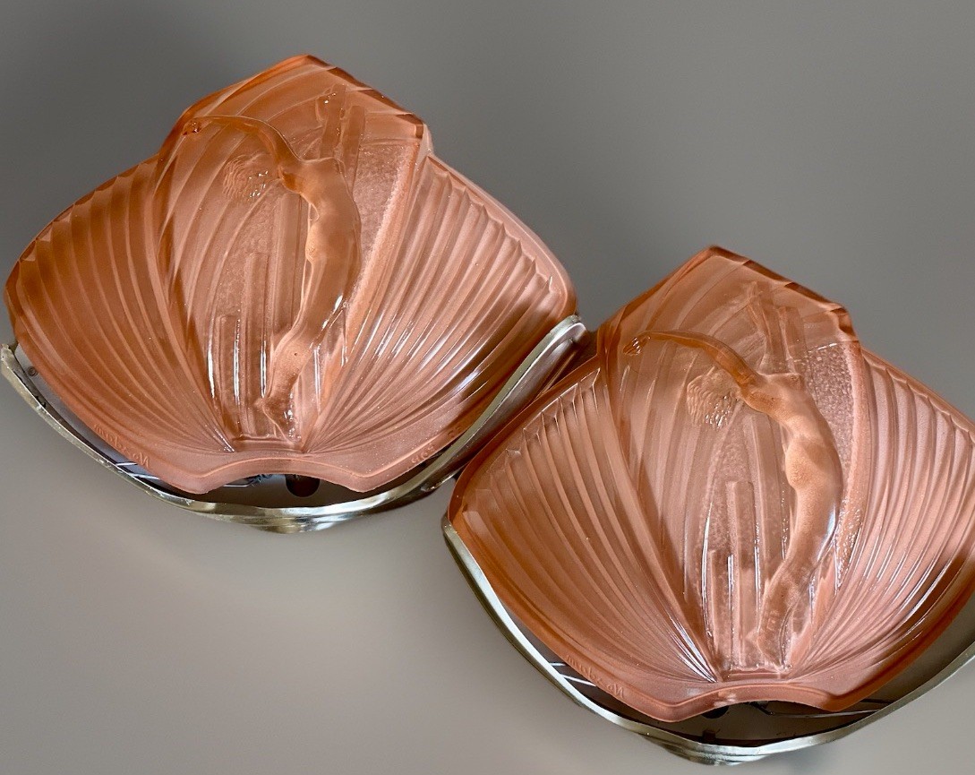 Pair Art Deco Nude Diver Sconces – Peach Satin Glass – 1930s Signed “Nasdam”
