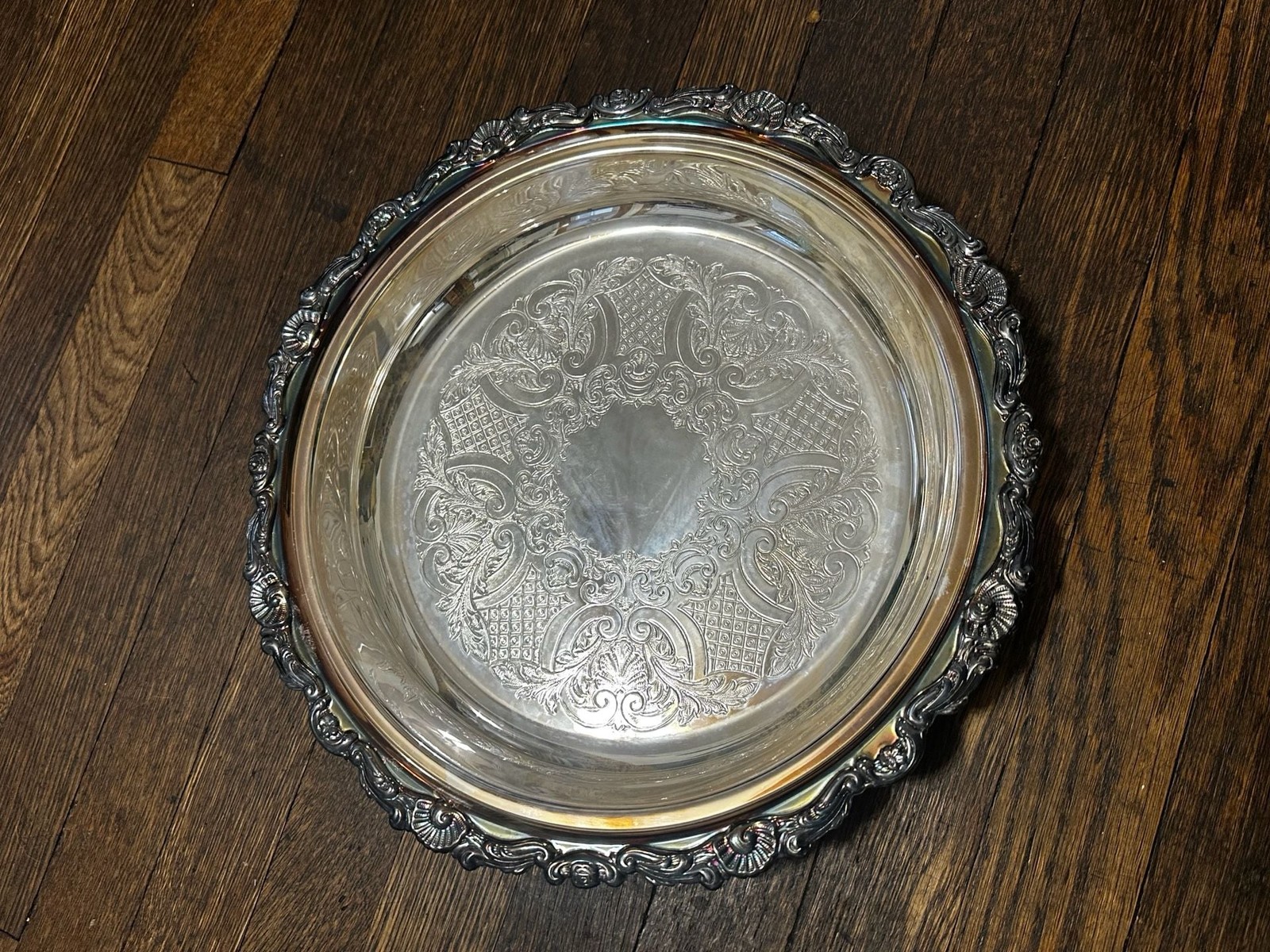 Vintage Sheridan Silverplate Ornate Serving Tray 12 Inch Floral Etched Center