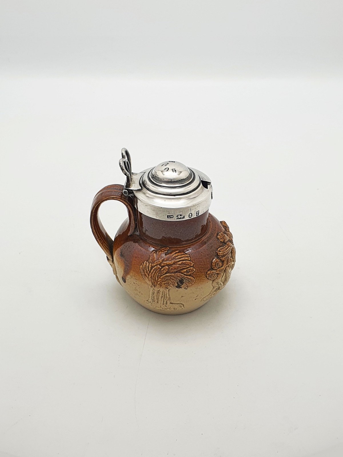 Antique Georgian Stoneware Jug With Sterling Silver Collar & Hinged Lid – 1828