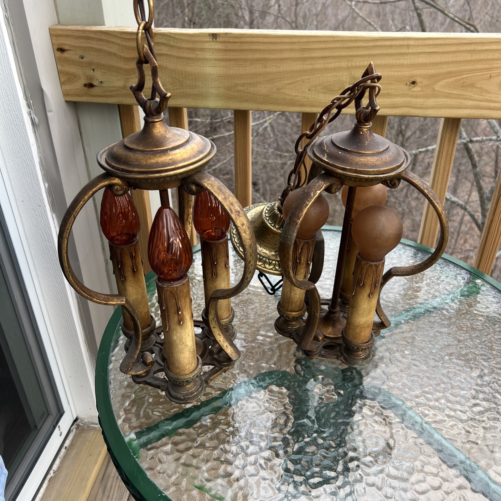 1930’s Lightolier After Sunset 3 light Art Deco Hanging Pendants Pair