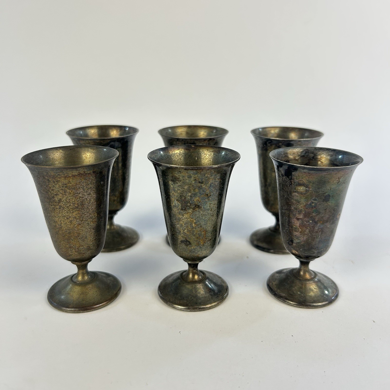 F.B Rogers Silver Co. Lot Of 6 Antique Goblet Shot Glasses W/ Patina VG Italy