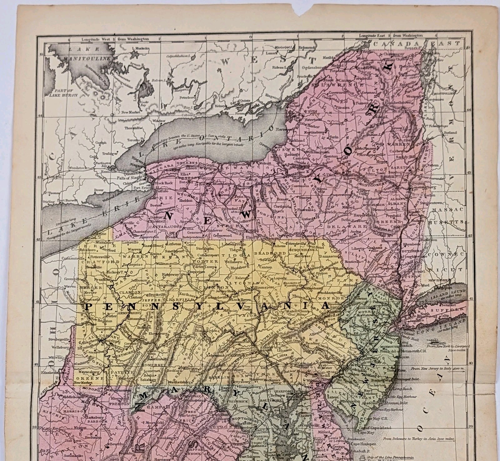 1852 Map Eastern States NORTH CAROLINA – VIRGINIA – NEW YORK – NEW JERSEY