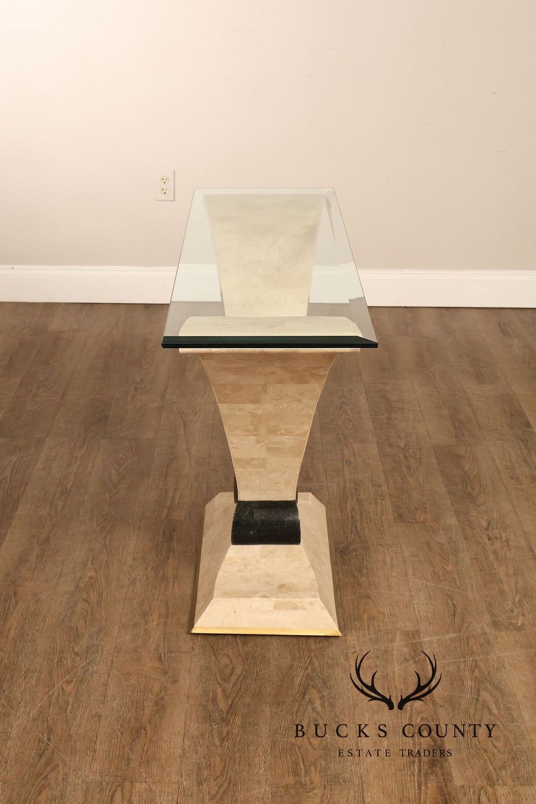 Postmodern Glass Top Travertine Console Table