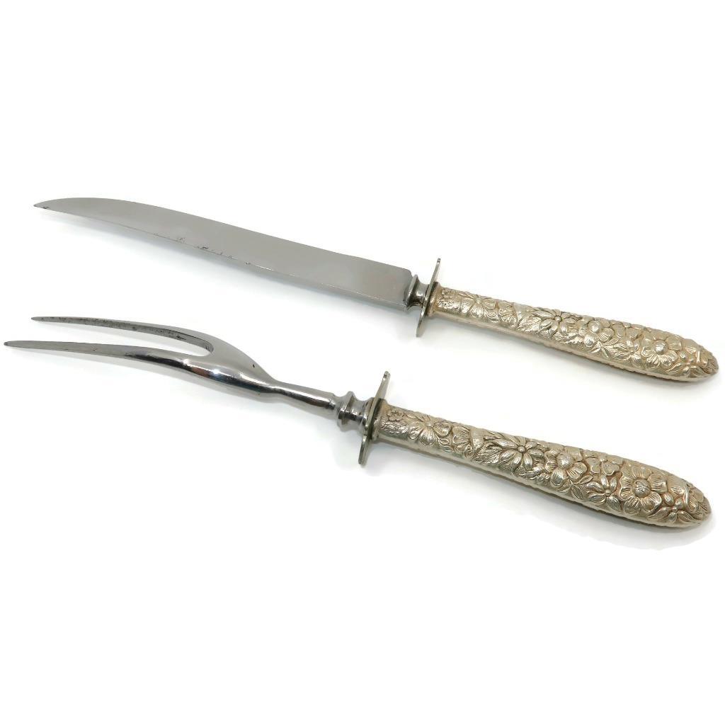 Repousse Sterling Handle Knife & Fork w/ Guard Carving Set, 10 3/8″ & 9 1/4″